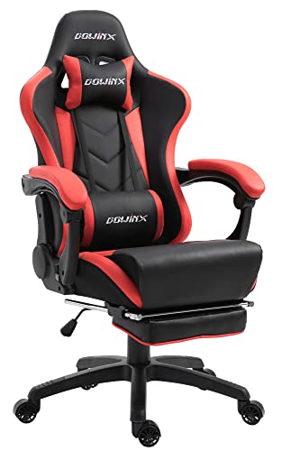 Dowinx Gaming Stuhl Ergonomischer Gamer Stuhl mit Lendenwirbelstütze, PC Bürostuhl Rückenlehne Verstellbarer Drehsessel mit Fußstütze (Schwarz&rot von Dowinx