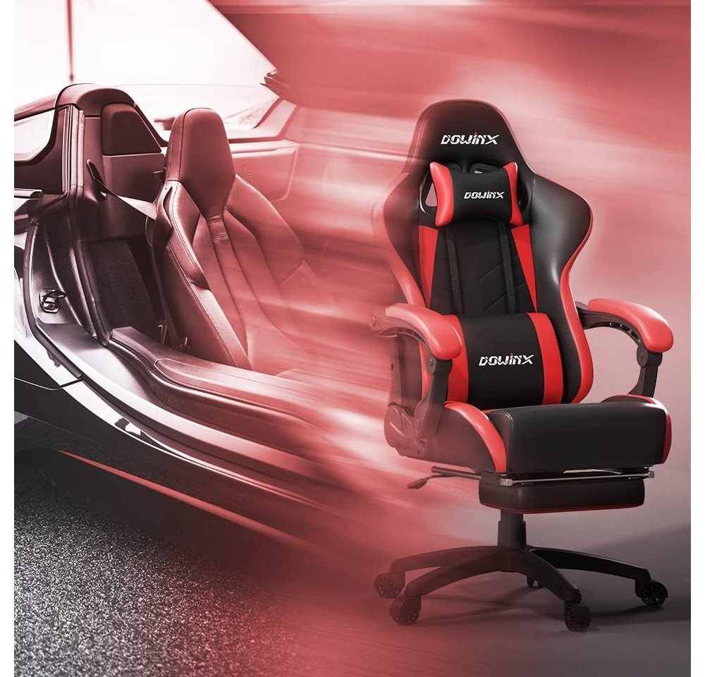 Dowinx Gaming-Stuhl Ergonomisches Design mit Lendenwirbelstütze und Fußstütze, Computer Bürostuhl Rückenlehne verstellbar Drehstuhl, Rot von Dowinx