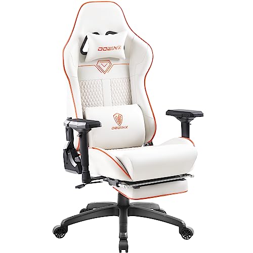Dowinx Gaming Stuhl - Bürostuhl l mit 4D Armlehnen und Fußstütze- PU Leder Gamer Stuh mit Hoher Belastbarkeit- Ergonomischer Gaming Chair- als Gaming-Sessel Geeignet - 150 kg (Weiß) von Dowinx