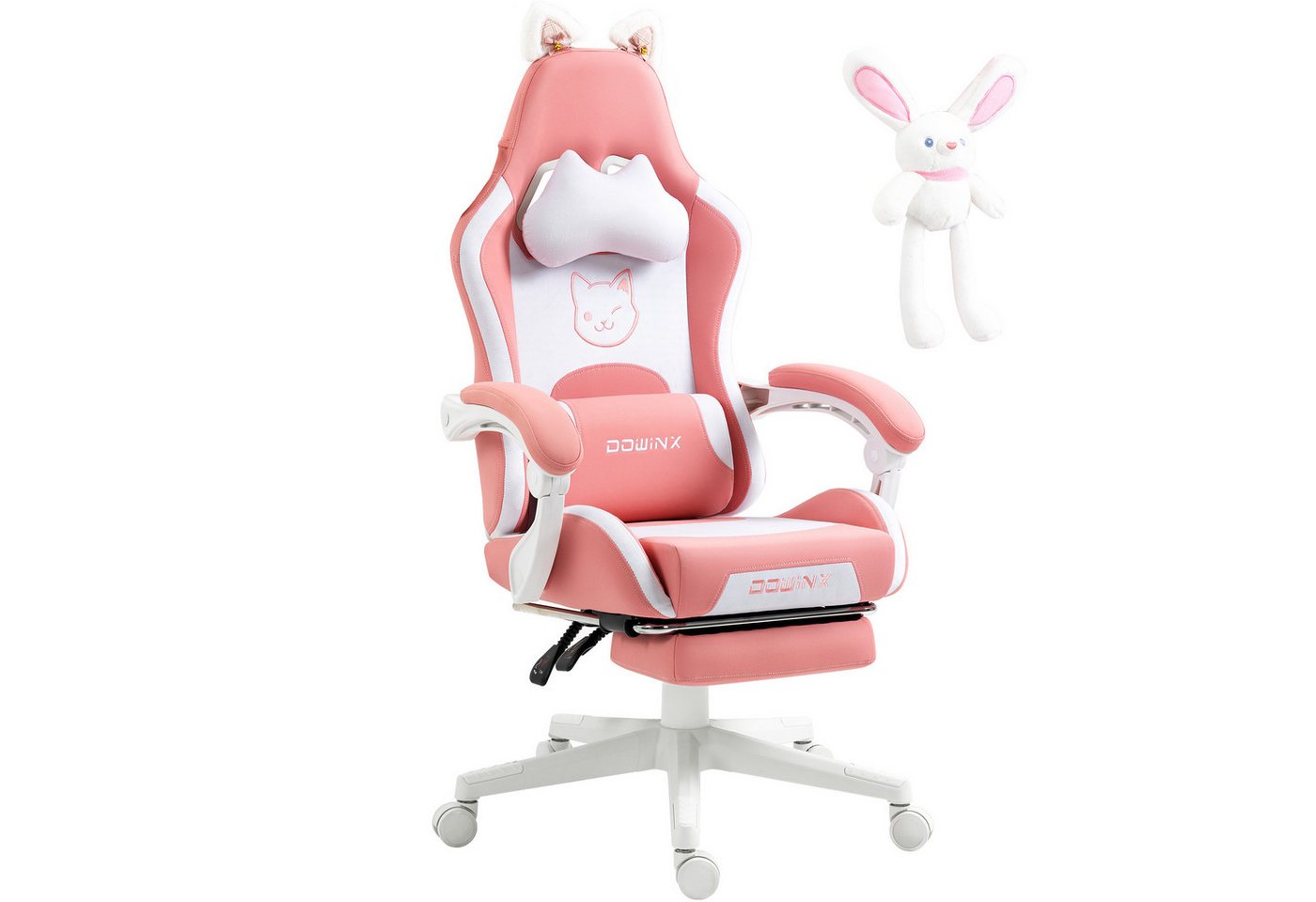 Dowinx Gaming-Stuhl Niedliche Katzenversion, PU-Leder, ergonomisches Design, mit hoher Rückenlehne und Lendenwirbelstütze und Fußstütze, Rosa von Dowinx