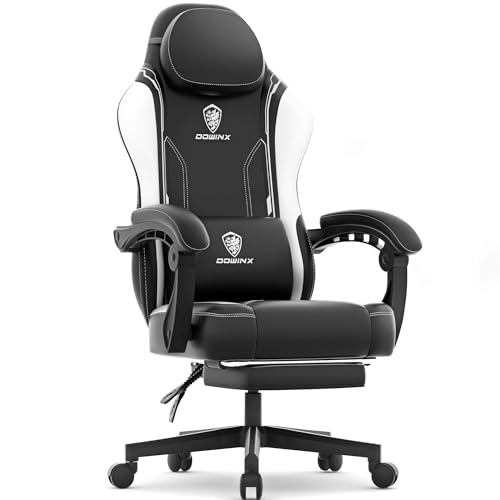 Dowinx Gaming Stuhl Racing Gamer Stuhl mit Frühling Kissen, Ergonomischer Gaming Sessel mit Massage Lendenwirbelstütze, Bürostuhl PU Leder PC-Stuhl Verbreiterte Rückenlehne 150KG, weiß von Dowinx