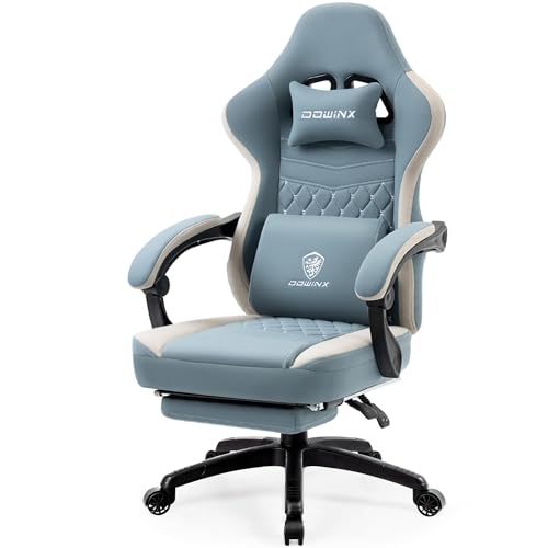 Dowinx Gaming Stuhl Stoff mit Taschenfederkissen, Massage Gaming Sessel mit Fußstütze, Ergonomischer PC Stuhl Gamer Stuhl Bürostuhl 150 kg belastbarkeit, Blau von Dowinx