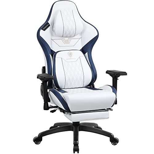 Dowinx Gaming Stuhl mit 4D-Armlehnen, Ergonomischer Gamer Stuhl mit Fußstütze Bürostuhl PU Leder, Massage Bequeme Lordosenstütze Groß und hoch Gaming Sessel 180KG Weiß von Dowinx