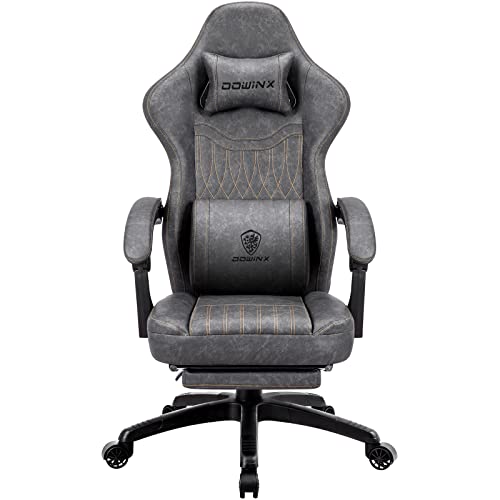 Dowinx Gaming Stuhl mit Frühling Kissen,Racing Gamer Stuhl mit Massage, Ergonomischer Gaming Sessel mit Fußstütze Bürostuhl PU Leder Grau von Dowinx