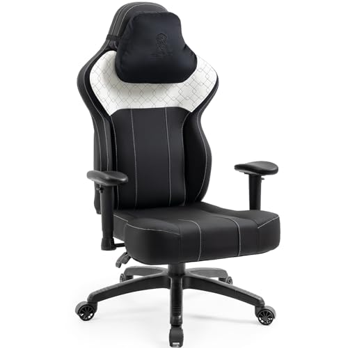 Dowinx Gaming Stuhl mit PU Leder, Schneidersitz Gaming Stuhl Ergonomisch für schwere Personen, Hohe Rückenlehne PC Stuhl, Recliner Gamer Stuhl für große und große Menschen (Schwarz weiß) von Dowinx