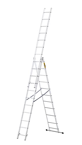 DRABEST - Home - Aluminium-Leiter - 3x11 Sprossen - Max. 5,64 m lang - Max. Arbeitshöhe 6,55 m - bis 150 kg - 3-teilig - Mehrzweck-, Steh-, Auszieh- Klappleiter - rutschfest - Verstellbar von DRABEST