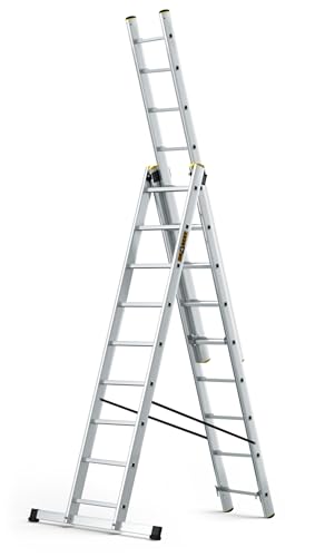 DRABEST Leiter PRO Serie Aluminium Leiter 3-teilig Schiebeleitern 9 Stufen Mehrzweckleiter Arbeitshöhe 6,32 m Belastbarkeit 150 kg inkl. Eimerhaken von DRABEST