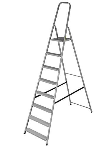 DRABEST - Stehleiter - mit 8 Stufen - bis 125 kg belastbar - 2,43 m lang - Arbeitshöhe 3,68 m - Trittleiter, Bockleiter aus Stahl pulverbeschichtet - für Haushalt, Malerarbeiten - Grau von DRABEST