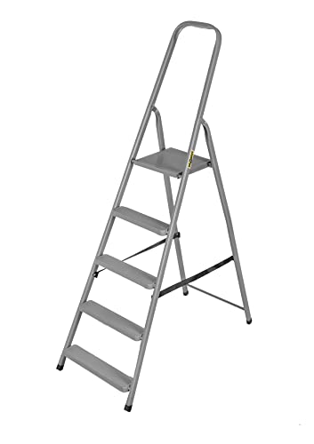 DRABEST - Stehleiter - mit 5 Stufen - bis 125 kg belastbar - 1,73 m lang - Arbeitshöhe 3 m - Trittleiter, Bockleiter aus Stahl pulverbeschichtet - für Haushalt, Malerarbeiten - Grau von DRABEST