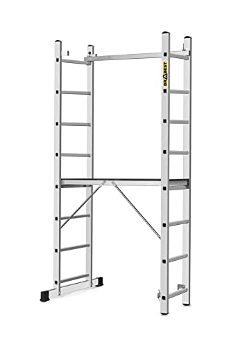 DRABEST - Leitergerüst - 3in1 Mehrzweckleiter - Trittleiter, Schiebeleiter, Baugerüst - Aluminium - 2,14 m lang - Arbeitshöhe 2,97 m - 2 x 8 Sprossen - 46x214x14 cm Arbeitsplattform - bis 150 kg von DRABEST