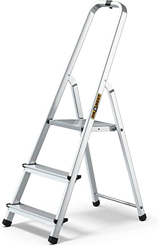 DRABEST Trittleiter 3 Stufen klappbar Alu Leiter mit Ablage Haushaltsleiter Belastbar bis 125 kg Stehleiter kostenloser Haken von DRABEST