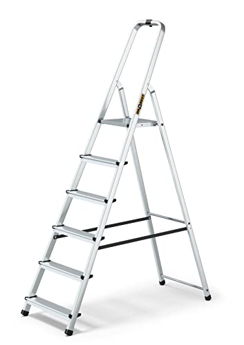 DRABEST Trittleiter Klappbar Alu Leiter 6 Stufen Stehleiter Haushaltsleiter Belastbar bis 125 kg Mehrzweckleiter kostenloser Haken von DRABEST