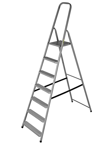 DRABEST - Stehleiter - mit 7 Stufen - bis 125 kg belastbar - 2,19 m lang - Arbeitshöhe 3,46 m - Trittleiter, Bockleiter aus Stahl pulverbeschichtet - für Haushalt, Malerarbeiten - Grau von DRABEST