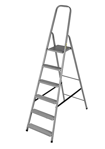 DRABEST - Stehleiter - mit 6 Stufen - bis 125 kg belastbar - 1,97 m lang - Arbeitshöhe 3,2 m - Trittleiter, Bockleiter aus Stahl pulverbeschichtet - für Haushalt, Malerarbeiten - Grau von DRABEST