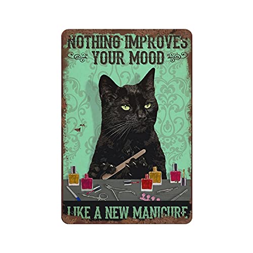 Blechschild für Nagelstudio, Motiv: schwarze Katze verbessert Ihre Stimmung, Vintage-Blechschild für Nagelstudio, Katzenliebhaber, Geschenk, lustiges Blechschild für Zuhause, Büro, Café, Bar, Club, von Dreacoss