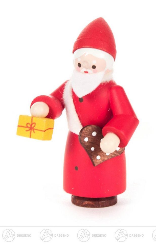 Dregeno Erzgebirge Weihnachtsfigur Weihnachtliche Miniatur Nikolaus farbig Höhe ca 6,5 cm NEU, mit Geschenk und Lebkuchen von Dregeno Erzgebirge
