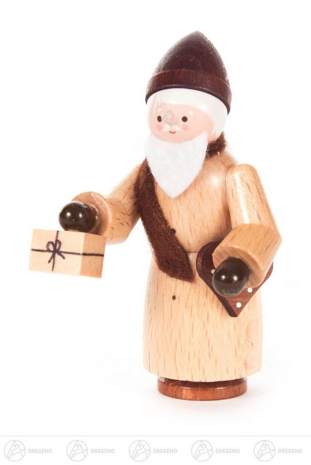 Dregeno Erzgebirge Weihnachtsfigur Weihnachtliche Miniatur Nikolaus natur Höhe ca 6,5 cm NEU, mit Geschenk und Lebkuchen von Dregeno Erzgebirge