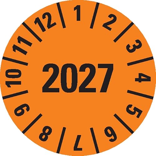 Dreifke® Prüfplakette 2027, orange, Dokumentenfolie, selbstklebend, Ø 15mm, 60 St/Bogen von Dreifke