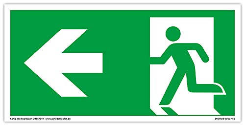 Schild Notausgang | extra langnachleuchtend | PVC selbstklebend 297x148mm | gemäß ASR A1.3 DIN 7010 DIN 67510 | Pfeil Links | Fluchtwegschild Rettungsweg | Dreifke® extra 160 von Dreifke