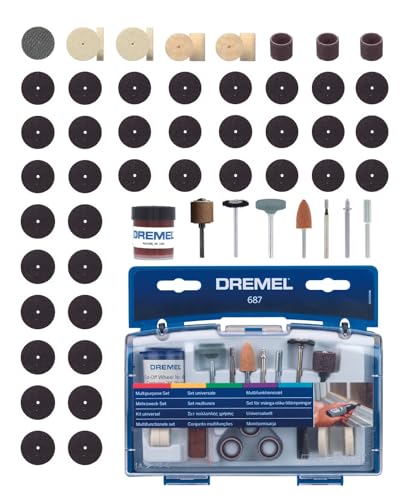 Dremel 687 Mehrzweck-Set (Zubehörsatz für Multifunktionswerkzeug mit 14 Zubehörteilen für eine Vielzahl von Anwendungen wie Schleifen und Polieren von Holz, Silber, Edelstahl, Metall, Marmor, Glas) von Dremel