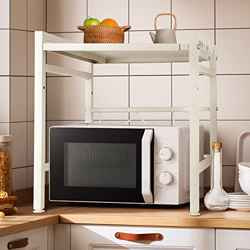 Drumm Küchenregal, Halterung für Mikrowelle, mit 2 Regalebenen, ausziehbar in Höhe & Breite - mit 3 Haken, ideal zum Aufhängen Ihrer Küchenutensilien von Drumm