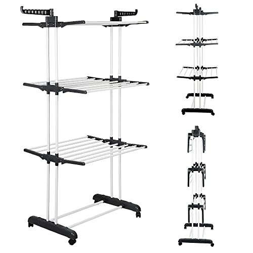 Drumm Wäscheständer auf Stand, 3 Ebenen, Wäscheständer für den Innenbereich, mit Flügeln, faltbar, große Kapazität, Wäscheständer mit Rädern außen von Drumm