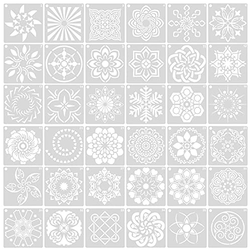 36 Stück Mandala Schablonen Wiederverwendbare Malschablonen Mandala Lasergeschnitten Blumen Schablone Kunststoff Zeichenschablonen Mandala Dotting Malvorlagen Schablonen für DIY Kunst Scrapbook, 9x9cm von Drwosm