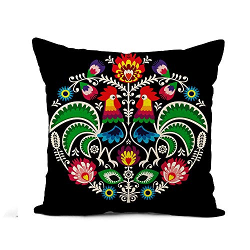 Dekokissen Kissenbezüge Polnische Volksblumen Runde Hähne Traditionelles Muster Wycinanki Lowickie Throw Kissenbezüge Modernen Zierkissenbezüge Quadratische Kissen Fall Für Bett Sofakissen 45X45Cm von DuanJiaQiDeXiaoDian