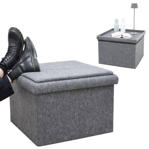 DuneDesign 3-in-1 Sofa Hocker mit Stauraum und Tablett - 56x56x40 Filz Beistellhocker Fußhocker für Sessel - Sitztruhe mit Stauraum - Faltbarer Sitzhocker Aufbewahrungsbox mit Deckel Couch Hocker Grau von DuneDesign