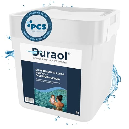 Duraol 5kg Chlor Multiphasen 6 in 1, 200g - Chlortabletten für Pool mit 2 Phasen-Desinfektion (schnell- und langsamlöslich) - Chlortabs als Pool Reinigungsmittel - Poolchemie Poolpflege von Duraol