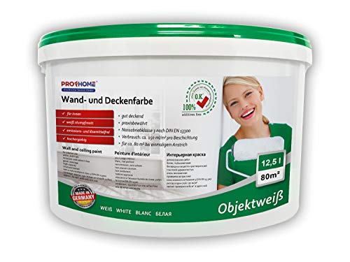 PRO[f]home® - Wandfarbe 300-31-AP Objektweiß Innenfarbe Farbe hochergiebig gut deckend matt weiß 12,5 L Eimer für max. 80 qm Profhome von E-DELUX