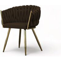 Stuhl mit geflochtener Rückenlehne und Goldenenenen Metallfüße Sessel aus Samt Esszimmerstuhl Schminktisch Stuhl - 64x78x54 cm - tenlex (Braun + von E-MEUBLES