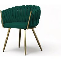 Stuhl mit geflochtener Rückenlehne und Goldenenenen Metallfüße Sessel aus Samt Esszimmerstuhl Schminktisch Stuhl - 64x78x54 cm - tenlex (Dunkelgrun + von E-MEUBLES