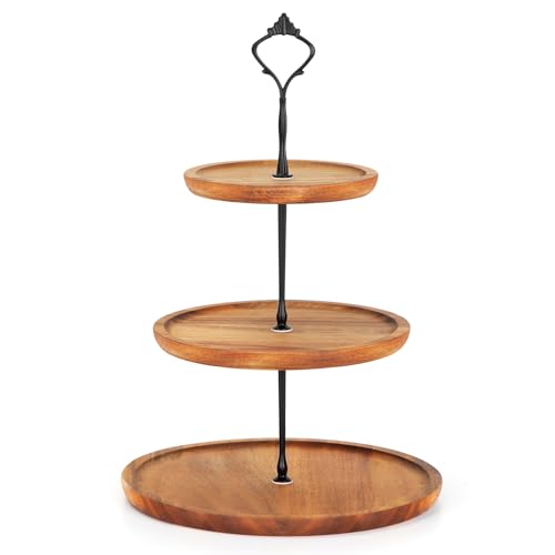 E-ROOM TREND Etagere Tortenständer aus Holz | Kuchenplatte Kuchenständer Halter Turm Servierständer mit Metallgriff | für Geburtstag Nachmittagstee Party Hochzeit Baby Dusche (MDP1BN) | 3 Etagen von E-ROOM TREND