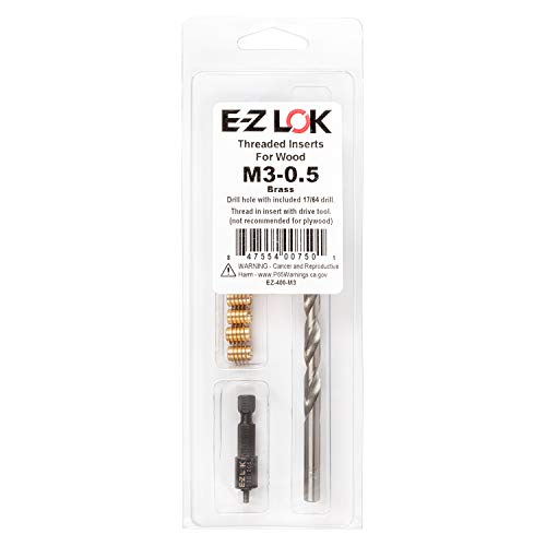 E-Z LOK 400-M3 Gewindeeinsätze für Holz, Einbausatz, Messing, inkl. M3-0,5 Messergewindeeinsätze (10), Bohrer, Montagewerkzeug von E-Z LOK