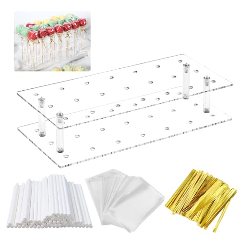 EACHPT Cake Pop Ständer,21 Löcher Lollipop Holder mit 100 Sticks Cake pop Stiele,100 Durchsichtige Leckerli-Beutel und goldene metallische Drehbänder für Hochzeit Geburtstag Dessert Party Deko von EACHPT