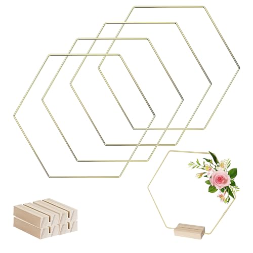 EACHPT Metallringe zum Basteln,4 Stück 23cm Hexagon Metallringe mit 4 Holzständer,Dekoring mit Fuß Holzständer Kranz Metallring für DIY Traumfänger,Hochzeit Dekor und DIY Handwerk von EACHPT