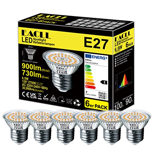 EACLL E27 LED Warmweiss 6.5W Ersetzt 100W Halogen Glühlampe, 6er-Pack. 730 Lumen 2700K Leuchtmittel, AC 230V Flimmerfrei Energiesparlampe, Lichtwinkel 120° Strahler Nicht Dimmbar Kürzer Reflektorlampe von EACLL