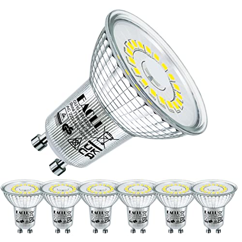 EACLL GU10 LED Kaltweiss 4.8 Watt Ersetzt 75W Halogen Leuchtmittel, 6er-Pack, 585 Lumen 6000K Birnen, AC 230V Flimmerfrei Strahler, Abstrahlwinkel 120 Grad Spot, Nicht Dimmbar Reflektorlampe von EACLL