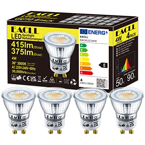 EACLL Mini GU10 LED Warmweiss 4W Ersetzt 50W Halogen Leuchtmittel, 4er-Pack. 415 Lumen 3000K Birnen, Wechselstrom 230V Flimmerfrei Strahler, Abstrahlwinkel 36 Grad Spot, Nicht Dimmbar Reflektorlampen von EACLL