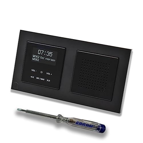 Merten Unterputz DAB+ und Bluetooth Radio MEG4375-0303 mit Lautsprecher in schwarz glänzend, edel abgestimmt mit einem M-Pure schwarz matt Rahmen, inkl. EBROM Phasenprüfer zur Montage der Geräte von EBROM SET IDEE