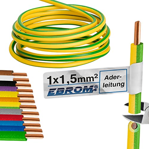 EBROM Aderleitung - Einzelader starr - PVC Leitung - Verdrahtungsleitung - H07V-U 1,5 mm² - 1,5 mm2 - Farbe: grün gelb - viele Längen wählbar, von 10 Meter bis 100 Meter - Ihre ausgewählte Länge: 60 m von EBROM
