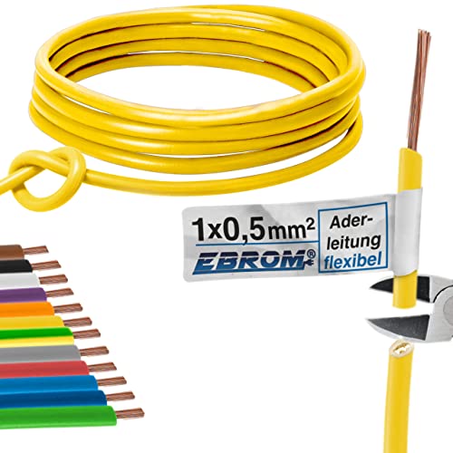 EBROM Aderleitung Litze Schaltlitze Einzelader flexibel PVC Leitung - H05V-K 0,5 mm² - Farbe: gelb - bestellbar in vielen Längen, auch Zwischenlängen - Ihre Auswahl: 0,5 mm2 - Länge: 15 m von EBROM