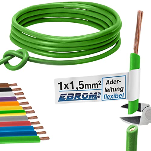 Aderleitung Verdrahtungsleitung - Einzelader flexibel 1,5 mm2 - PVC Leitung - H07V-K 1,5 mm² - Farbe: grün - viele Längen in 5 Meter-Schritten lieferbar, Ihre Länge: 5 m von EBROM