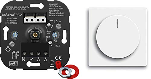 EBROM® Unterputz Universal LED Dimmer Drehdimmer + Busch Jäger Dimmerabdeckung 6540-84-102 Studioweiß glänzend Future Linear, Phasenabschnitt & Phasenanschnitt für LED 3-150 Watt & Halogen 10-400 W/VA von EBROM