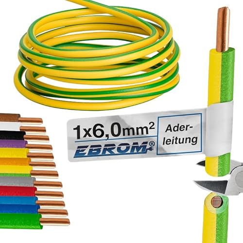 EBROM Erdungskabel Aderleitung starr H07V-U 6 mm² (1 x 6 mm2) grün/gelb (gnge) – in vielen verschiedenen Längen lieferbar - ab 5 Meter bis 150 Meter - Ihre Länge: 20 Meter von EBROM