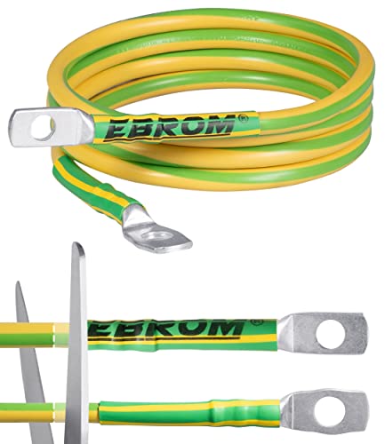 EBROM Erdungskabel - Erdungsleitung H07V-K 16 mm² grün-gelb Erdungsleiter, 30 cm bis 10 m Länge + Kabelschuhe M6/M8/M10/M12 kombinierbar, Made in Germany, 16 mm2 für Kreuzerder 700 cm Loch M8 und M10 von EBROM