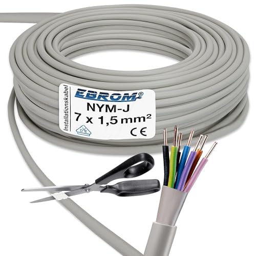 EBROM – NYM-J 7x1,5 mm² (mm2) Mantel GRAU, 7 Litzen FARBIG zur perfekten Zuordnung bei der Installation, sehr viele Längen! 99,9% OFC Kupfer - Mantelleitung - Installationsleitung, Länge: 40 Meter von EBROM