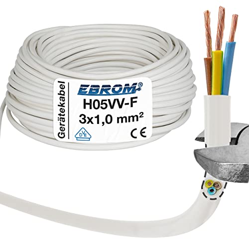 EBROM Kunststoff Schlauchleitung RUND, Kabel, Stromkabel, Leitung, Gerätekabel H05VV-F 3x1,0 mm² 3G1 mm2 - Farbe: weiß - Viele Längen in 5 Meter Schritten bis 150 Meter, Ihre Kabellänge: 10 Meter von EBROM