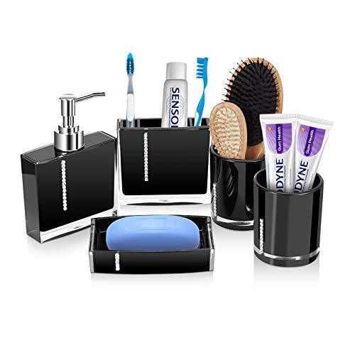 5-teiliges Badezimmer-Zubehör-Set, Badezimmer-Spender-Set enthält Emulsionsflasche, Zahnbürstenhalter, Schale, 2 Stück Gurgelbecher (schwarz) von EBTOOLS